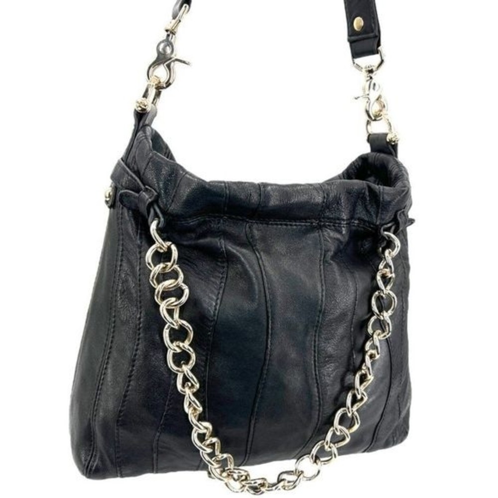 Junior Drake Black Italian Leather Gold Link Chain Slouchy Hobo Shoulder Bag - Picture 2 of 10